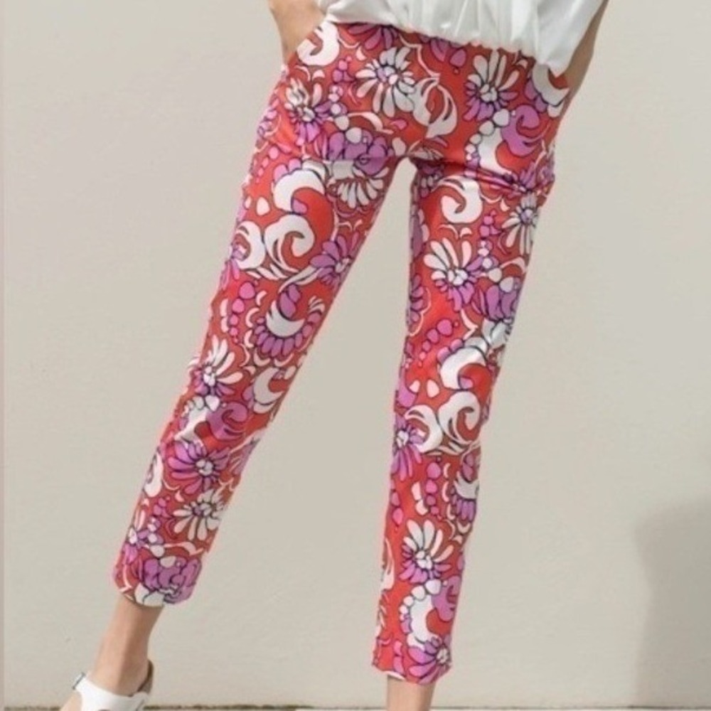 Trina Turk Retro Floral Jacquard Slim Pants Red Pink Chic Coquette Grandmacore 8